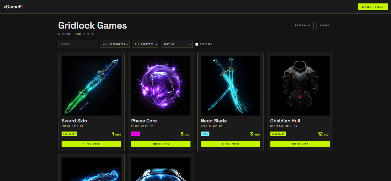 xGameFi branded storefront with live game-item cards